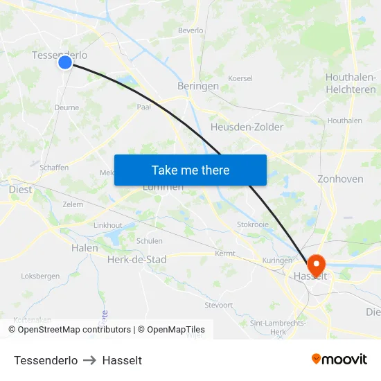 Tessenderlo to Hasselt map