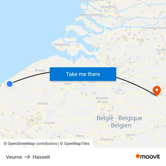 Veurne to Hasselt map