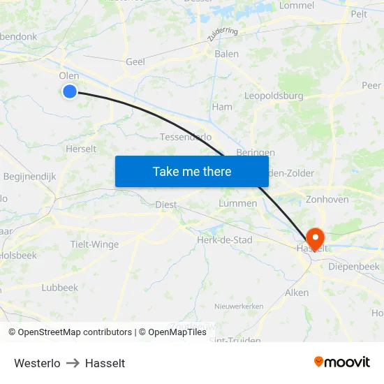 Westerlo to Hasselt map