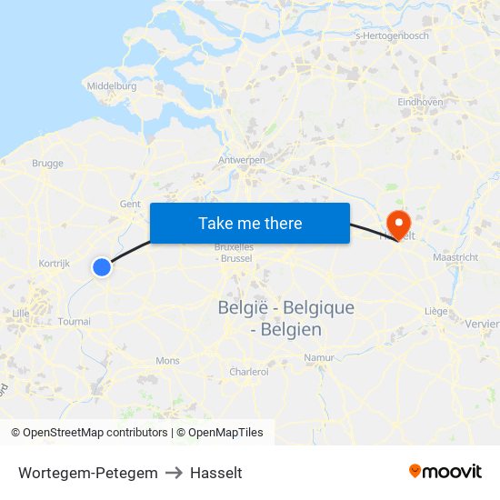 Wortegem-Petegem to Hasselt map