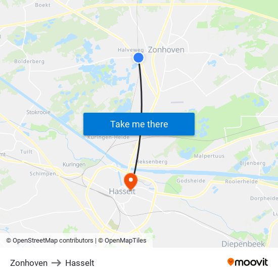 Zonhoven to Hasselt map