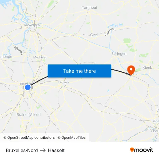 Bruxelles-Nord to Hasselt map