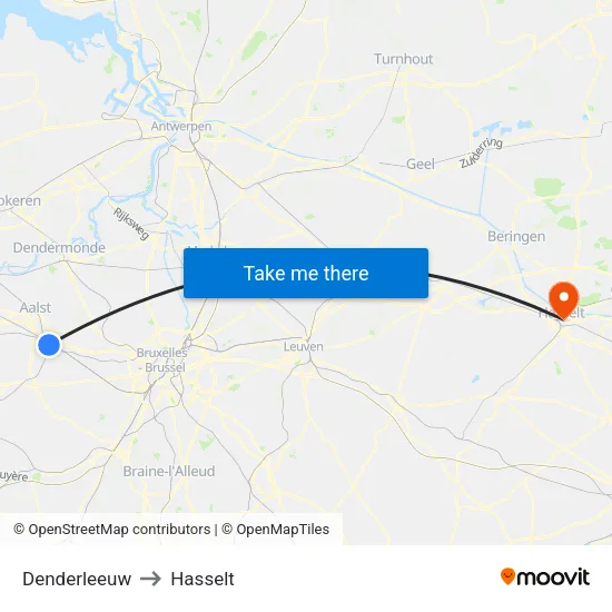 Denderleeuw to Hasselt map