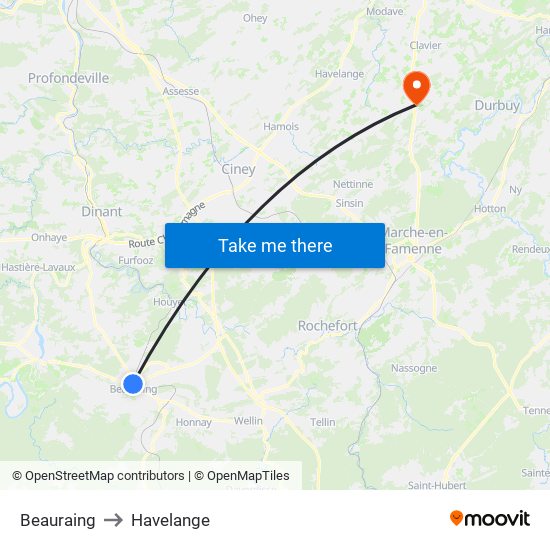 Beauraing to Havelange map