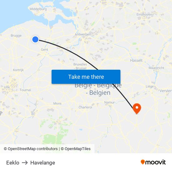Eeklo to Havelange map
