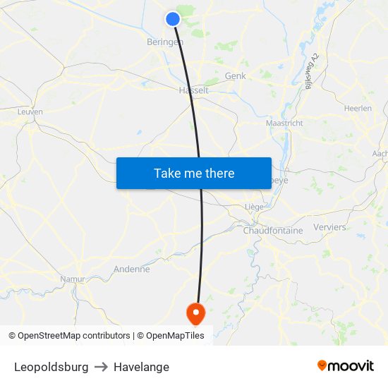 Leopoldsburg to Havelange map