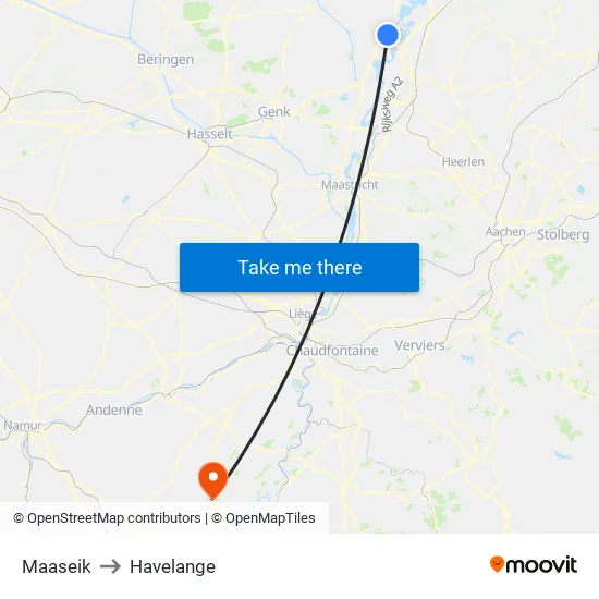 Maaseik to Havelange map