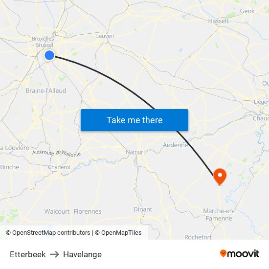 Etterbeek to Havelange map