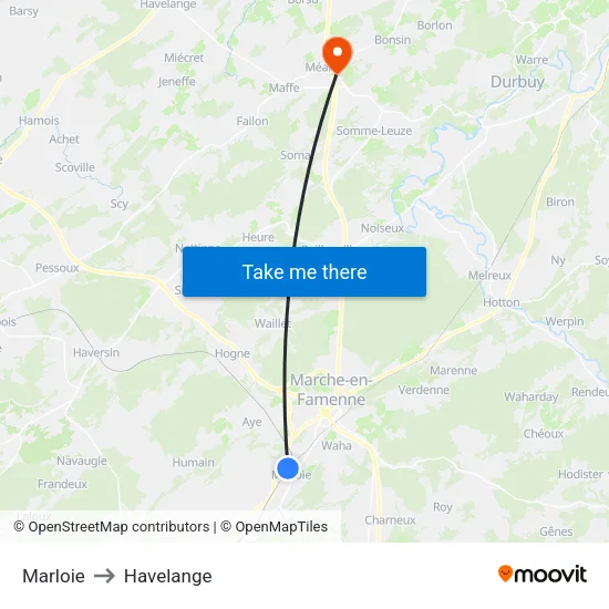Marloie to Havelange map