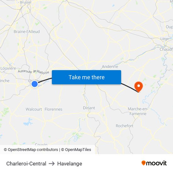 Charleroi-Central to Havelange map