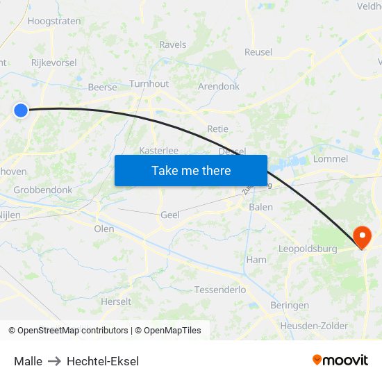 Malle to Hechtel-Eksel map