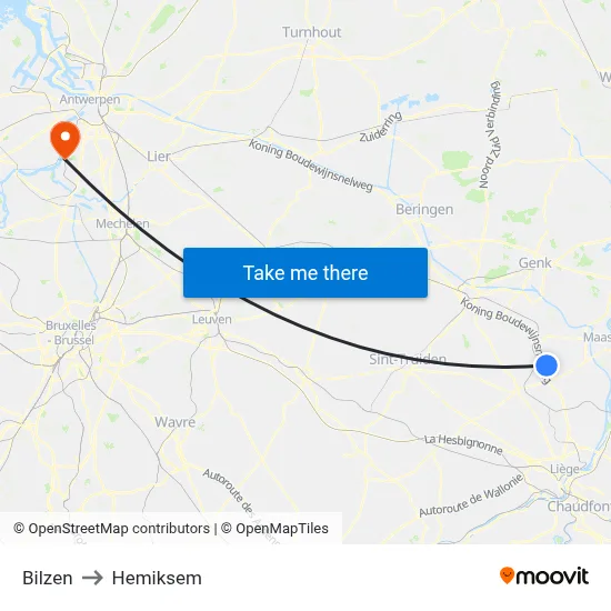 Bilzen to Hemiksem map