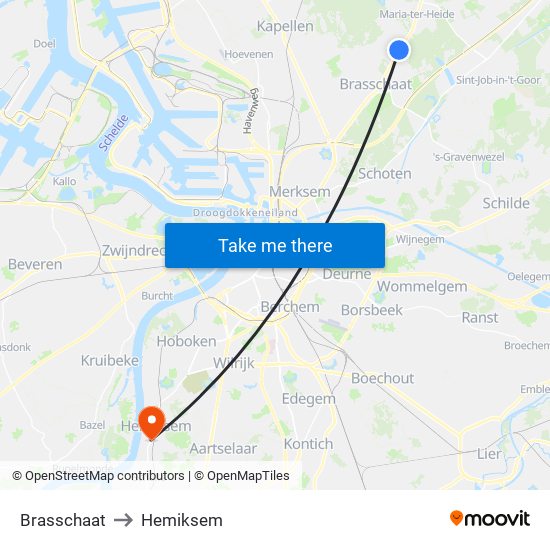 Brasschaat to Hemiksem map