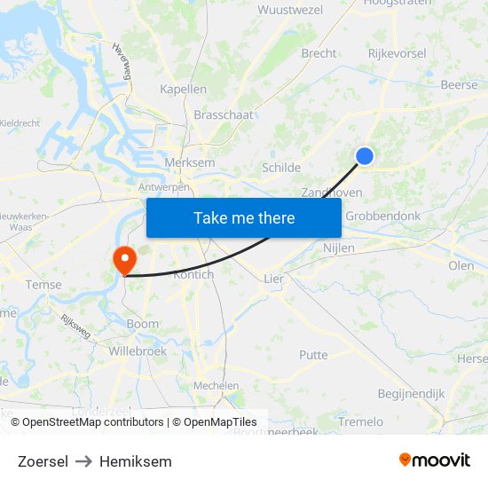 Zoersel to Hemiksem map