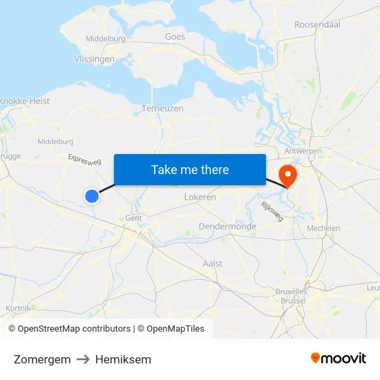 Zomergem to Hemiksem map