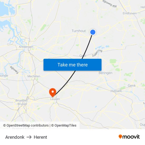 Arendonk to Herent map