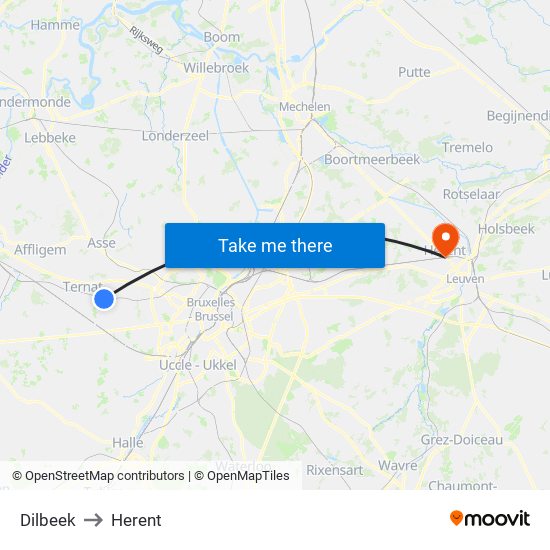 Dilbeek to Herent map
