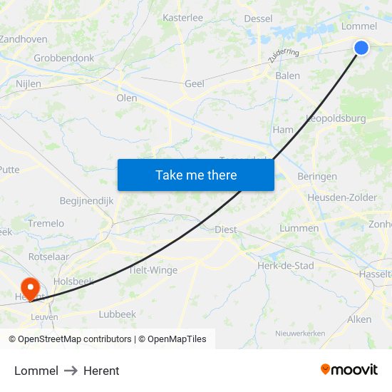 Lommel to Herent map