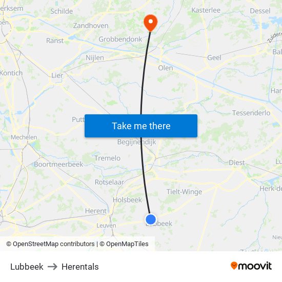 Lubbeek to Herentals map