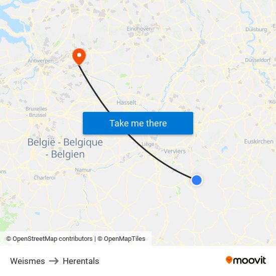 Weismes to Herentals map