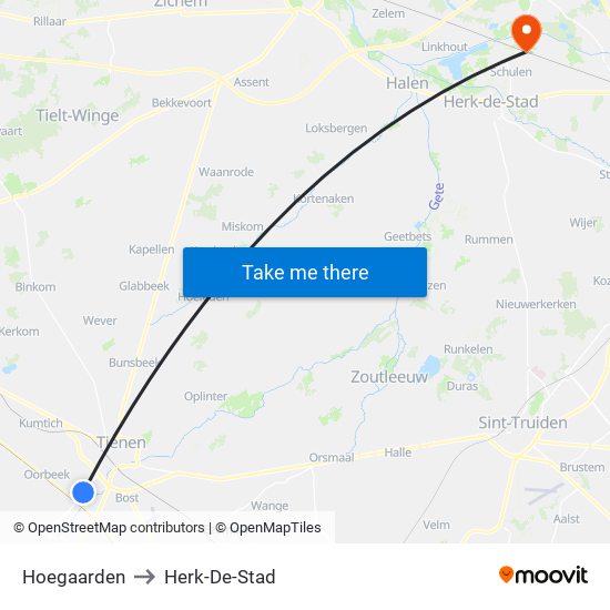 Hoegaarden to Herk-De-Stad map