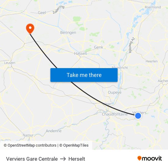 Verviers Gare Centrale to Herselt map