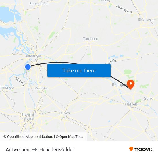 Antwerpen to Heusden-Zolder map