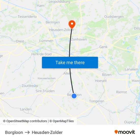 Borgloon to Heusden-Zolder map