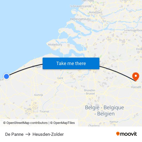 De Panne to Heusden-Zolder map