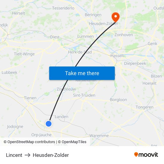 Lincent to Heusden-Zolder map