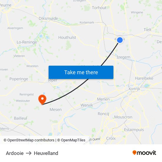 Ardooie to Heuvelland map