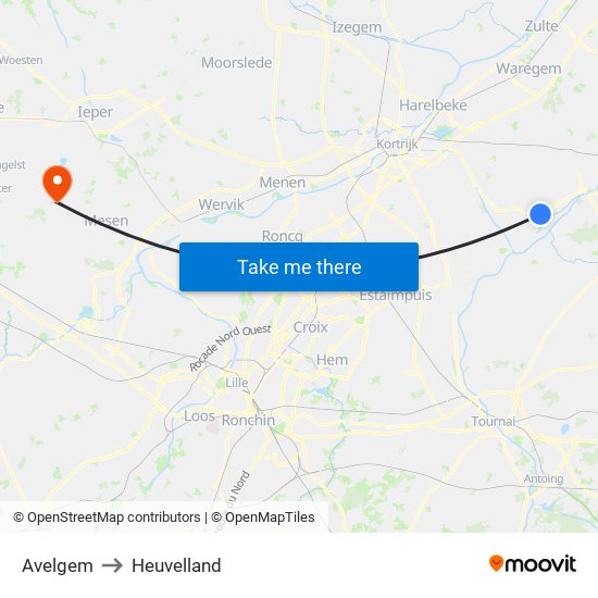 Avelgem to Heuvelland map