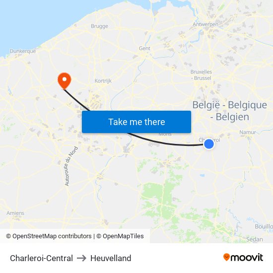 Charleroi-Central to Heuvelland map