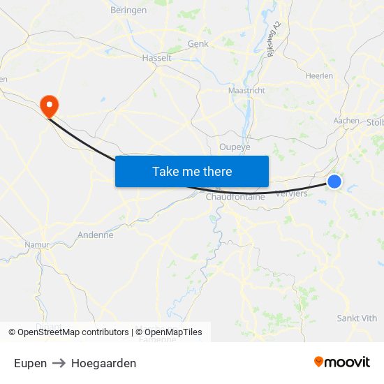 Eupen to Hoegaarden map