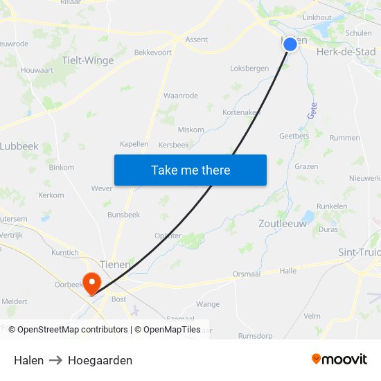 Halen to Hoegaarden map