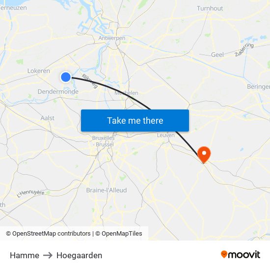 Hamme to Hoegaarden map