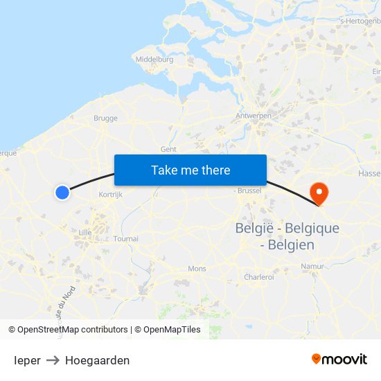 Ieper to Hoegaarden map