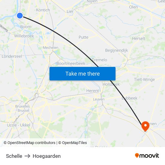 Schelle to Hoegaarden map