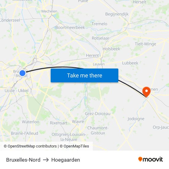 Bruxelles-Nord to Hoegaarden map