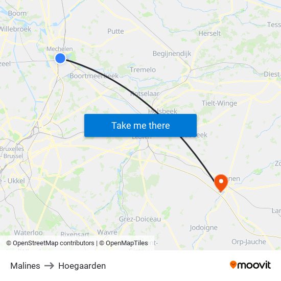 Malines to Hoegaarden map