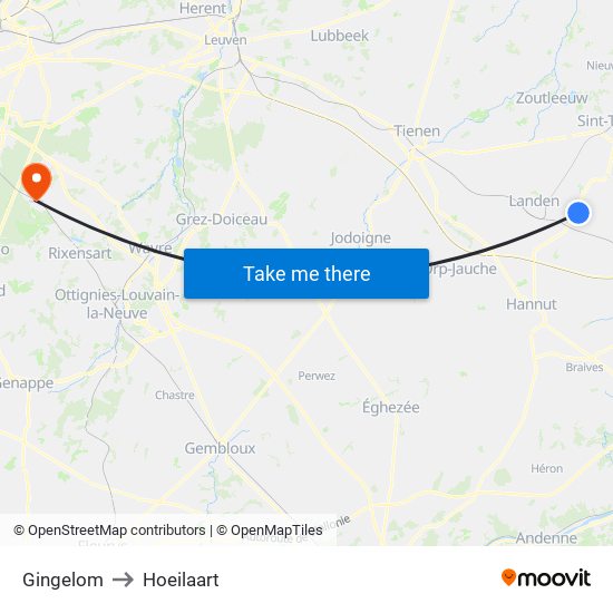 Gingelom to Hoeilaart map