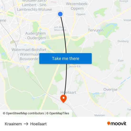 Kraainem to Hoeilaart map
