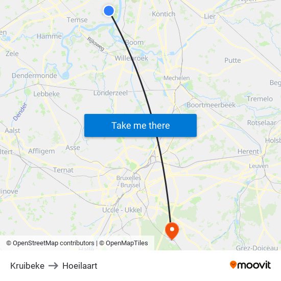 Kruibeke to Hoeilaart map