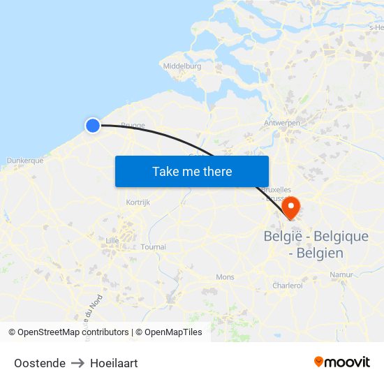 Oostende to Hoeilaart map