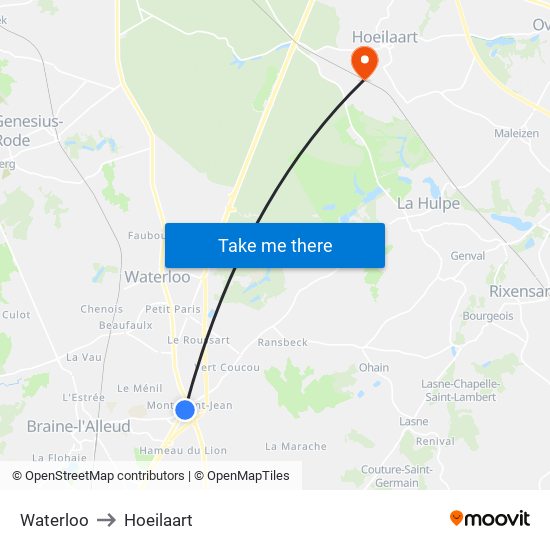 Waterloo to Hoeilaart map