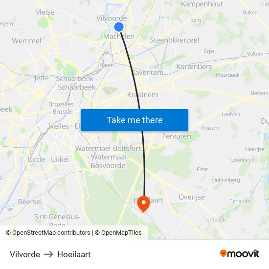 Vilvorde to Hoeilaart map