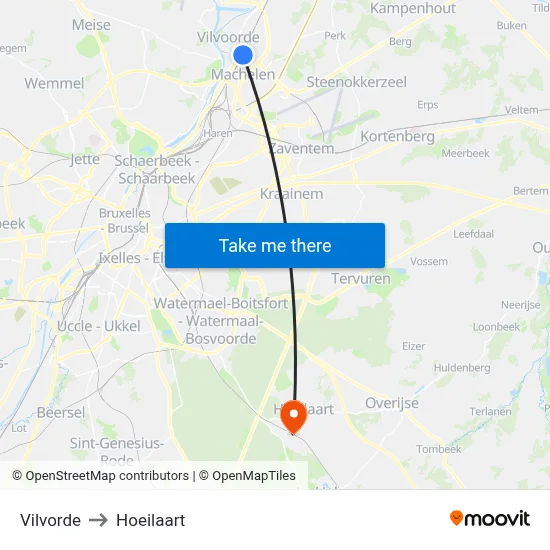 Vilvorde to Hoeilaart map
