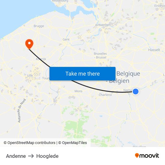 Andenne to Hooglede map