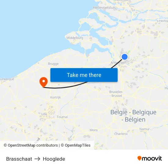 Brasschaat to Hooglede map