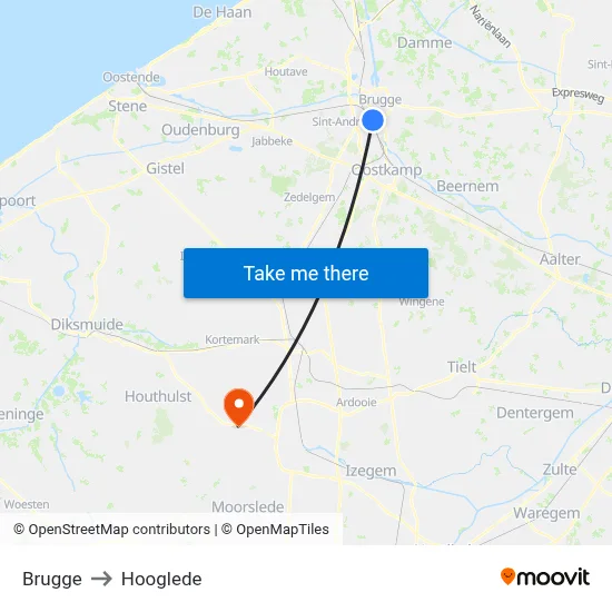 Brugge to Hooglede map